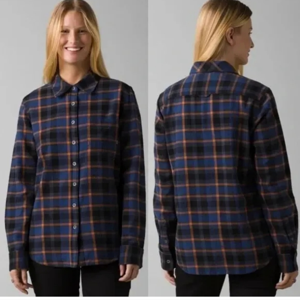 Prana Women's Blue and Orange Plaid Shirt